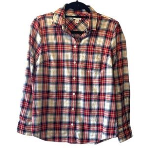 J Crew Flannel Shirt Women XS White Red Blue Plaid Boy Fit Long Sleeve Button Up